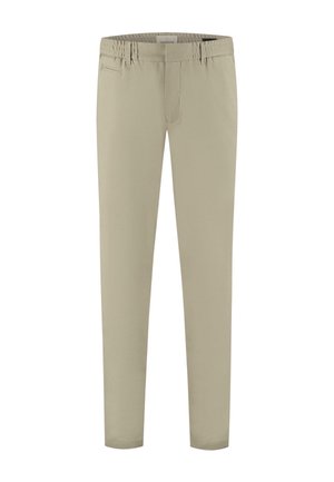 Beige Hosen mit schmalem Schnitt, ausgestattet mit einem elastischen Bund, Reißverschluss und Seitentaschen. Glatte Textur und einfaches Design.