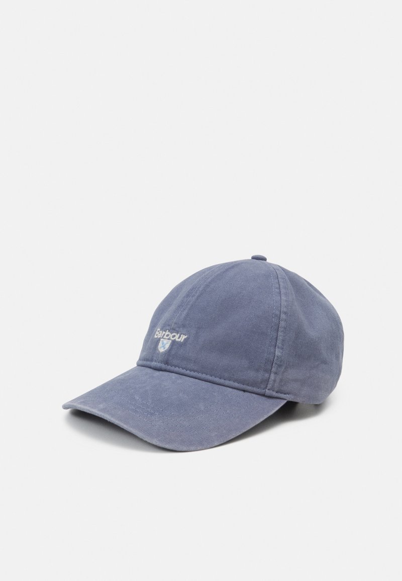 Blå bomullsmössa med böjd skärm och broderad logotyp. Har texturerad tyg och en knapp på toppen.