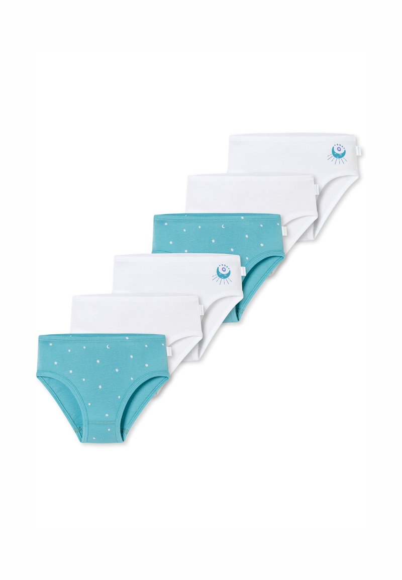 Six pairs of children’s underwear: three white and three turquoise. Turquoise pairs have celestial patterns, all made from soft fabric.