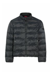 Czarna kurtka puchowa z pikowanym wzorem, wysoka stójka, zapięcie na suwak z przodu oraz dwie boczne kieszenie. Gładkie, błyszczące wykończenie, lekka izolacja.