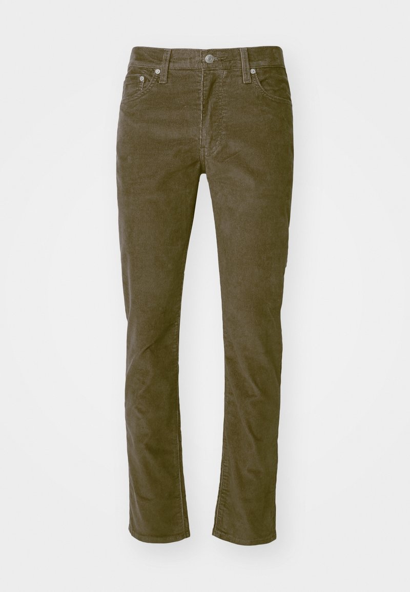 Pantalon en velours côtelé vert olive à coupe droite, doté de poches avant et d'une fermeture classique à boutons, texture lisse et détails minimalistes.