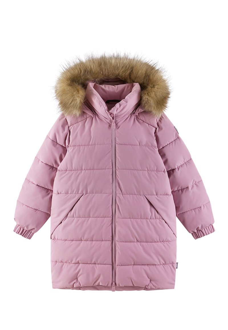 Giacca imbottita rosa con cappuccio foderato in pelliccia sintetica, tasche laterali, polsini a costine e cuciture orizzontali. Chiusura con zip davanti.