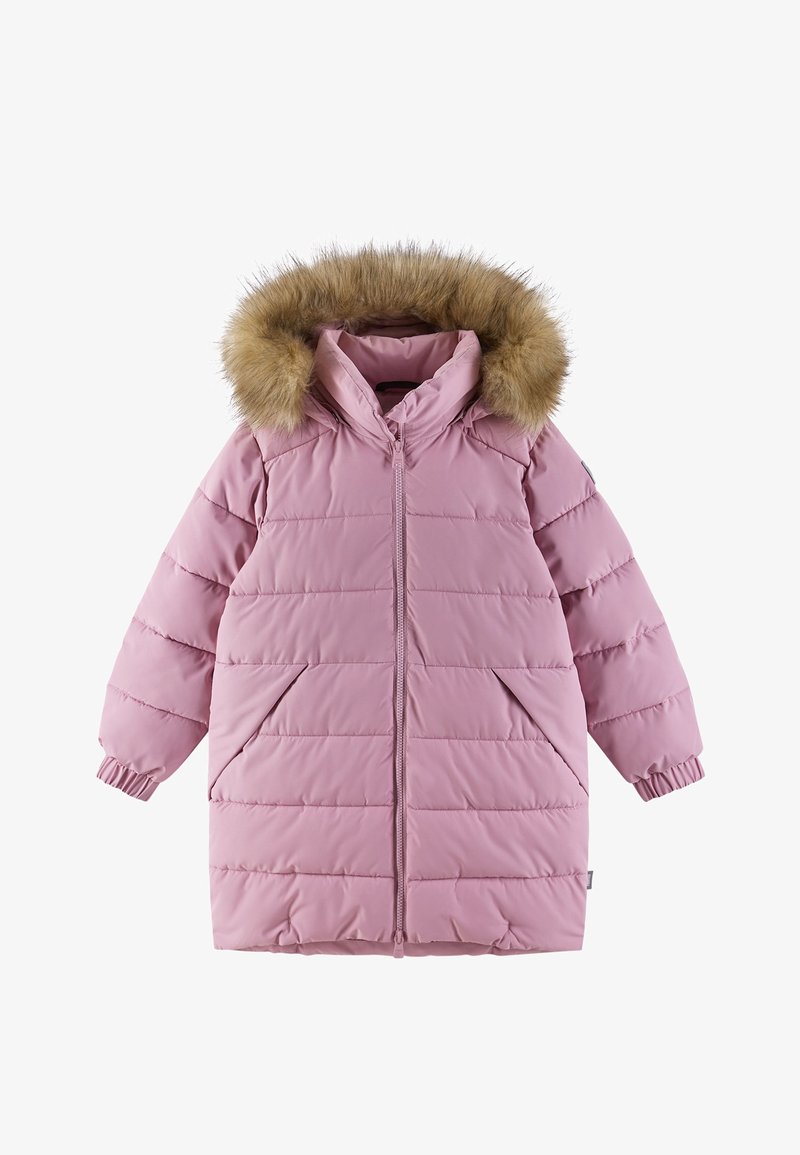 Pink padded jacket with a faux fur-lined hood, side pockets, ribbed cuffs, and horizontal stitching. Zipper closure at the front.