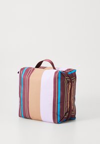 Colorful padded bag featuring wide vertical stripes in shades of brown, pink, and blue, with a maroon handle and a zip closure.
