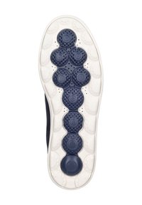 Marineblaue Gummisohle mit runden gepolsterten Bereichen, weißen Kanten und strukturiertem Muster für Halt. Insgesamt glatte Oberfläche, keine sichtbaren Akzente.