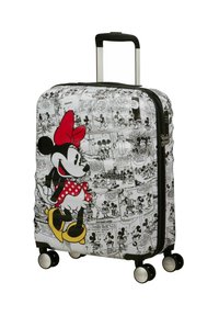 Valigia rigida con un design di Minnie Mouse della Disney in pannelli a fumetti bianco e nero, con dettagli rossi, ruote scorrevoli e manico estraibile.