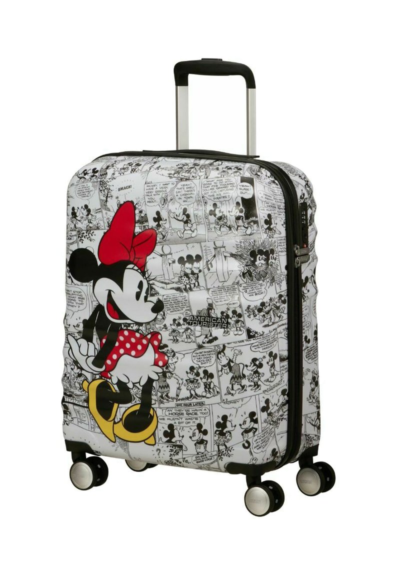 Valigia rigida con un design di Minnie Mouse della Disney in pannelli a fumetti bianco e nero, con dettagli rossi, ruote scorrevoli e manico estraibile.