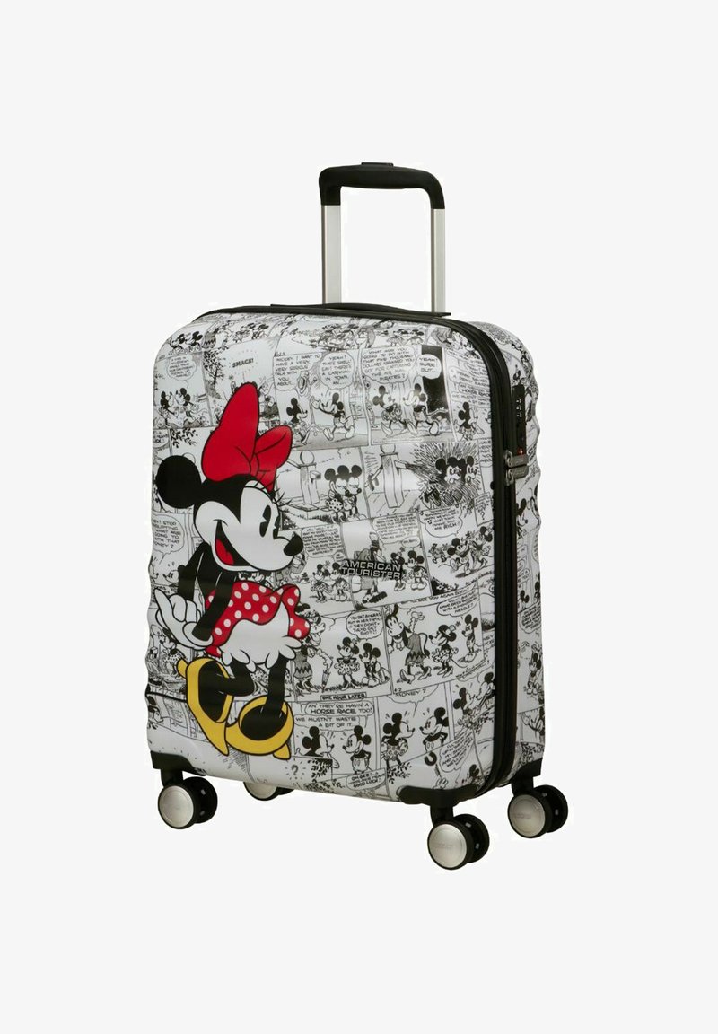 Valise rigide ornée d'un design de Minnie Mouse de Disney en noir et blanc dans des panneaux de bande dessinée, avec des accents rouges, des roues à roulettes et une poignée rétractable.