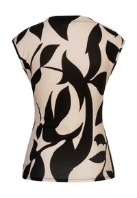 Top a righe nero e beige con un audace motivo di foglie, maniche corte e una forma aderente. La texture appare liscia e elasticizzata.