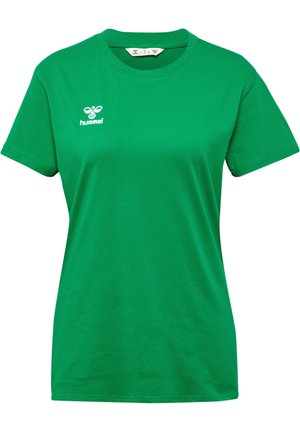 Grünes Baumwoll-T-Shirt mit Rundhalsausschnitt, kurzen Ärmeln und einem weißen Logo auf der linken Brustseite. Glatte Textur, schlichtes Design.