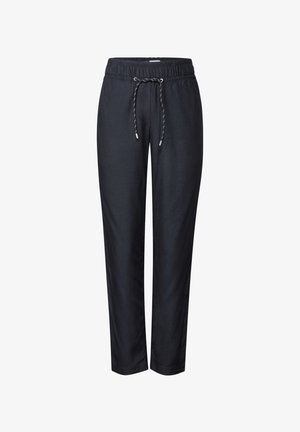 Sorte, lette, snørrebukser med elastisk talje, der har en glat tekstur og tapered form. Sølvhardware på snørebåndet.