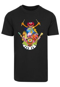 Black t-shirt featuring a colorful graphic of five stylized characters with musical instruments and a piano keyboard design at the bottom.