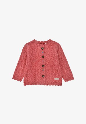 Rosa gestrickte Babyjacke mit Zopfmuster, gewellten Kanten, herzförmigen Knöpfen und kleinen gestickten Blumenmotiven auf der Vorderseite.
