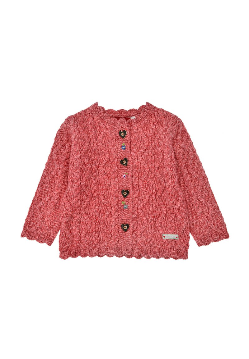 Rosa gestrickte Babyjacke mit Zopfmuster, gewellten Kanten, herzförmigen Knöpfen und kleinen gestickten Blumenmotiven auf der Vorderseite.