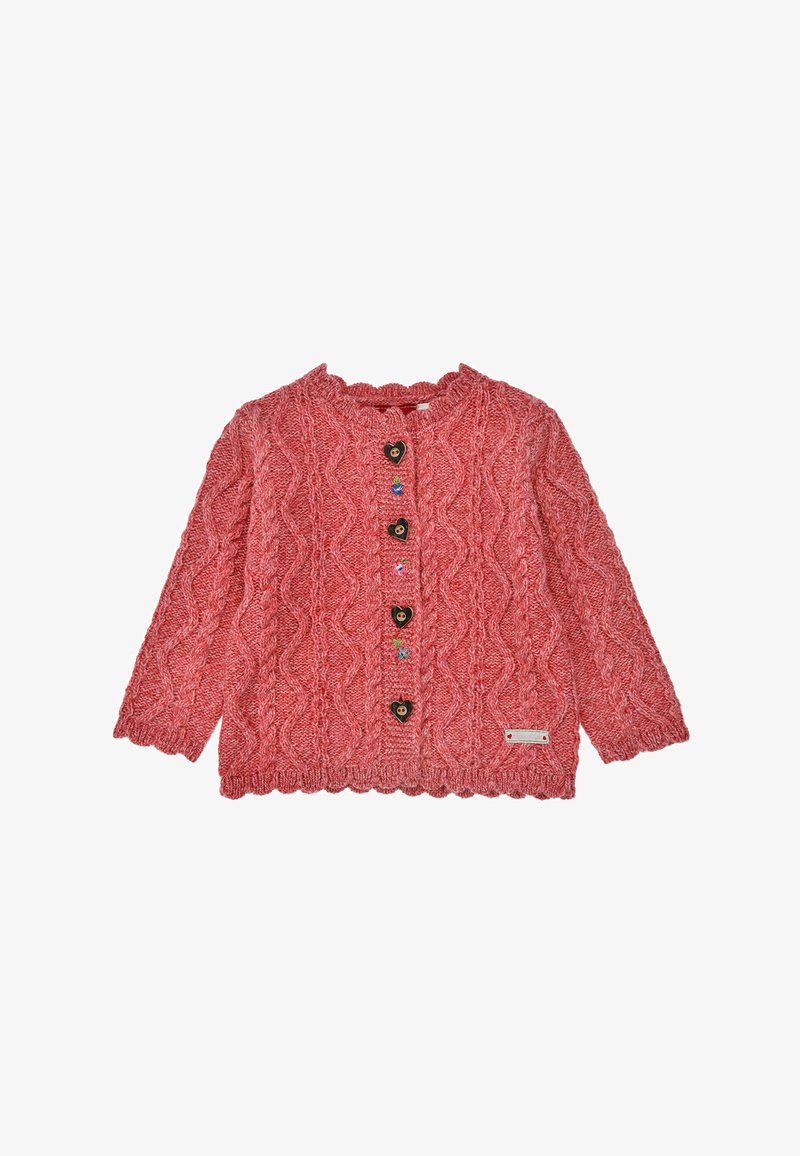 Rosa gestrickte Babyjacke mit Zopfmuster, gewellten Kanten, herzförmigen Knöpfen und kleinen gestickten Blumenmotiven auf der Vorderseite.