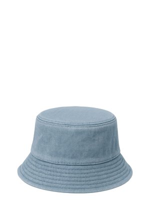 Jasnoniebieska kapelusz typu bucket z denimu z przeszywanym rondem i prostym, czystym wzorem.