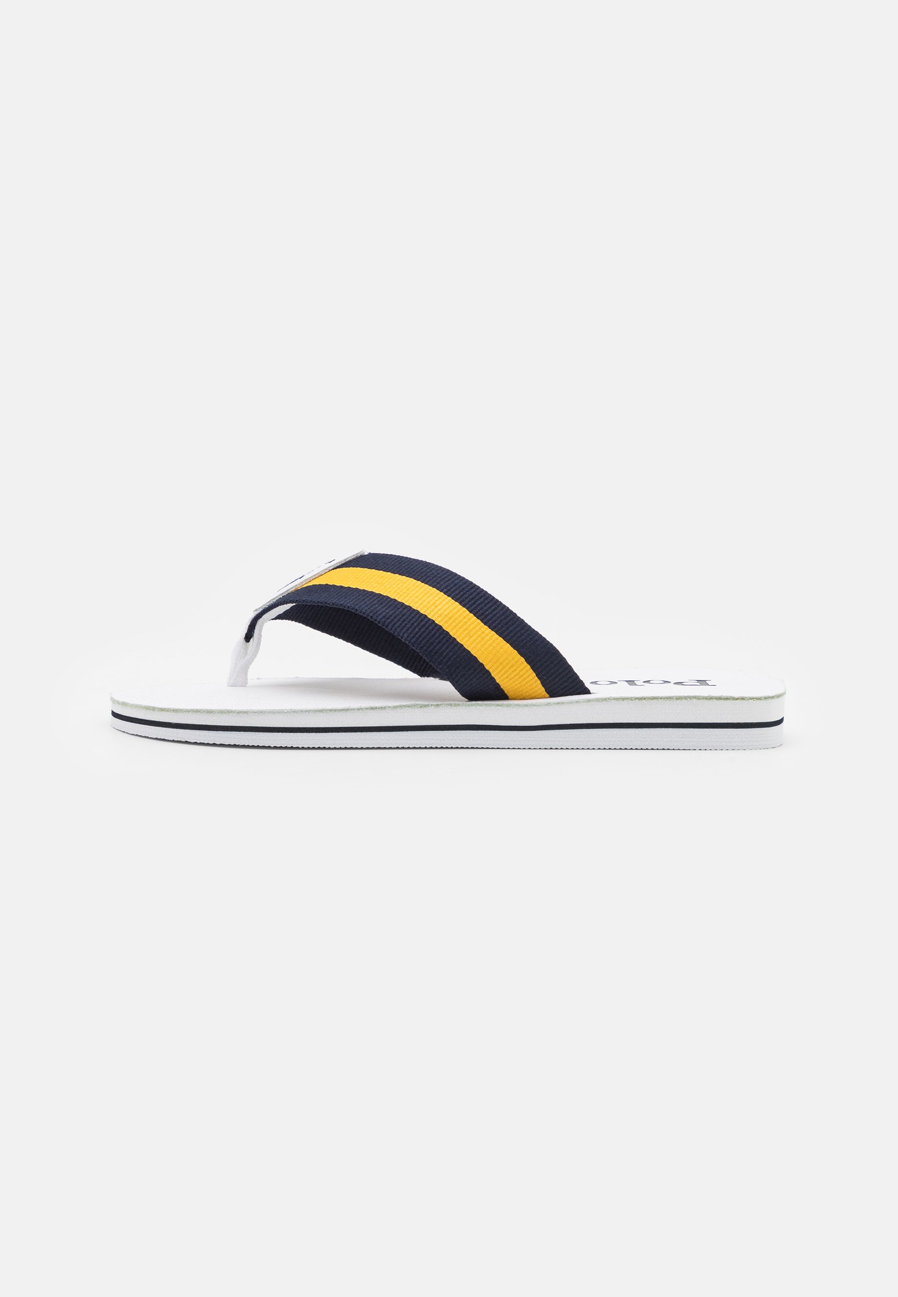 Polo Ralph Lauren Vintage Bolt Unisex Tbar Sandals white/navy/gold, Size: 3, White - Leather and Textile