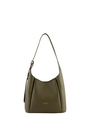 Sac à épaule en cuir vert olive avec bandoulière ajustable et logo doré subtil "POURCHET PARIS" au centre avant.