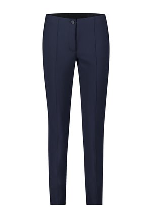 Pantalons ajustés bleu marine en tissu extensible. Dotés d'une fermeture à bouton, de détails de couture à l'avant et d'un design slim-fit.