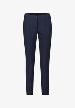 Námořnické modré kalhoty na míru vyrobené ze strečové tkaniny. Mají zapínání na knoflík, přední švy a slim-fit střih.