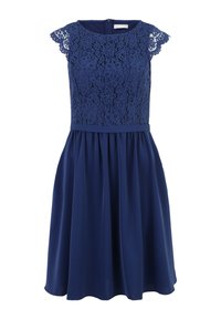 Marineblå kjole med en bodice i blonder, kappelignende ærmer og et flared skørt. Glat tekstur med blomsterblondemønster og en taljebåndsaccents.