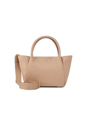 Beige leather handbag with a textured finish, dual handles, and a detachable strap. Features a gold logo detail at the base.