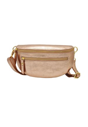 Sac bandoulière en rose gold métallique de forme ronde, avec deux compartiments zippés et une bandoulière amovible. Texture lisse sur l'ensemble.