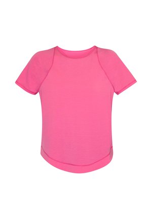 Kortärmlig sportshirt in felroze, gemaakt van lichtgewicht stof met een gladde textuur, voorzien van afgeronde zoom en contrasterende stiksels.