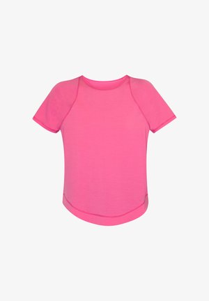 Kortärmlig sportshirt in felroze, gemaakt van lichtgewicht stof met een gladde textuur, voorzien van afgeronde zoom en contrasterende stiksels.