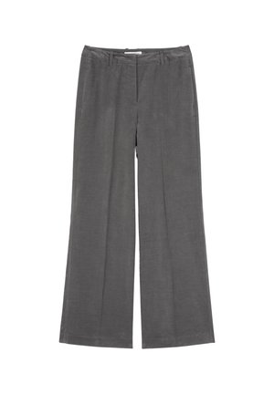 Grau, weit geschnittene Hosen mit glatter Textur, flachem Bund und zwei Seitentaschen. Mit Reißverschluss und Gürtelschlaufen.