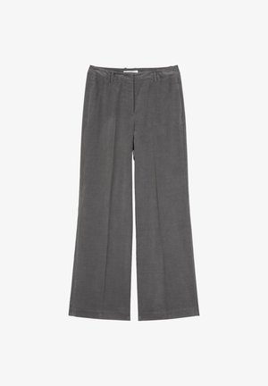 Grau, weit geschnittene Hosen mit glatter Textur, flachem Bund und zwei Seitentaschen. Mit Reißverschluss und Gürtelschlaufen.