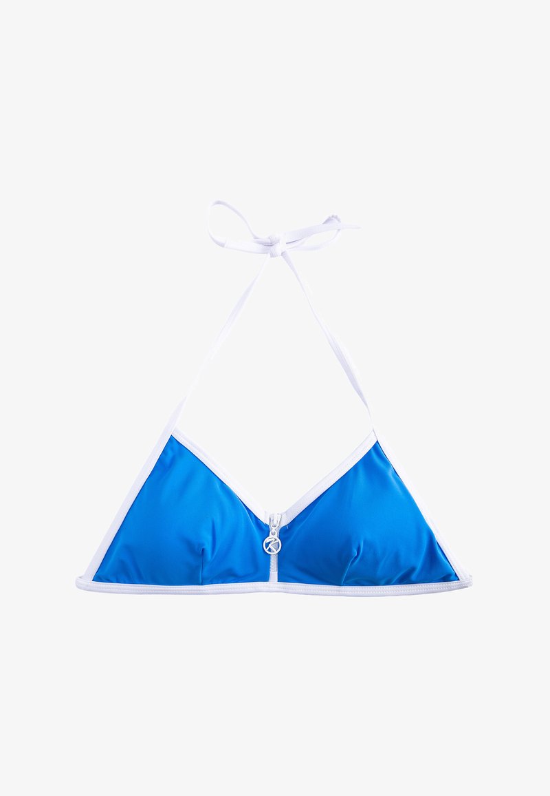 Blauwe triangulaire bikini top met witte banden, voorzien van een vooraan gesloten rits en een gladde textuur.