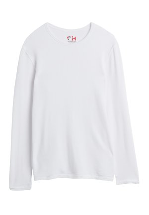 Langarmweißes Hemd aus weichem Stoff, mit rundem Halsausschnitt und leicht gesenkten Schultern; glatte Textur mit schlichtem Design.