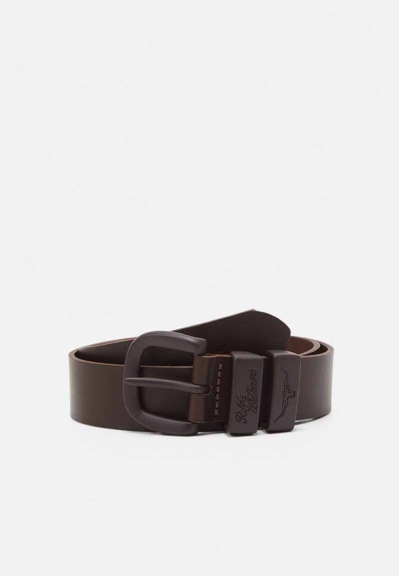 Brown leather belt with a matte black metal buckle. Features a smooth texture and subtle branding with an embossed design on the buckle.