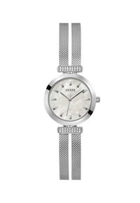 Orologio con cinturino in rete argentata e quadrante rotondo in madreperla, indicatori delle ore argentati e dettagli in cristallo sui supporti. Design elegante e minimalista.