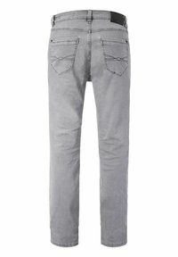 Graue Denim-Jeans mit schlanker Passform, ausgestattet mit zwei Gesäßtaschen, dezenten Steppnähten und einer glatten Textur. Keine sichtbaren Gebrauchsspuren.