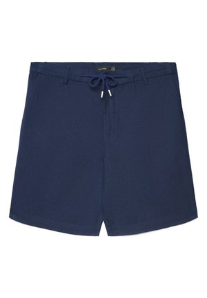 Marineblaue Shorts mit Gürtelschlaufen, vorderen Taschen und einem Kordelzug am Bund.