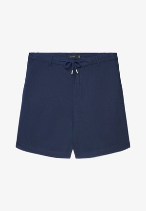 Pantaloncini blu navy con passanti per cintura, tasche frontali e coulisse in vita.