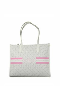 Borsa tote bianca realizzata in materiale stampato, con strisce rosa e il testo "GAËLLE PARIS" sul davanti. Include manici doppi.