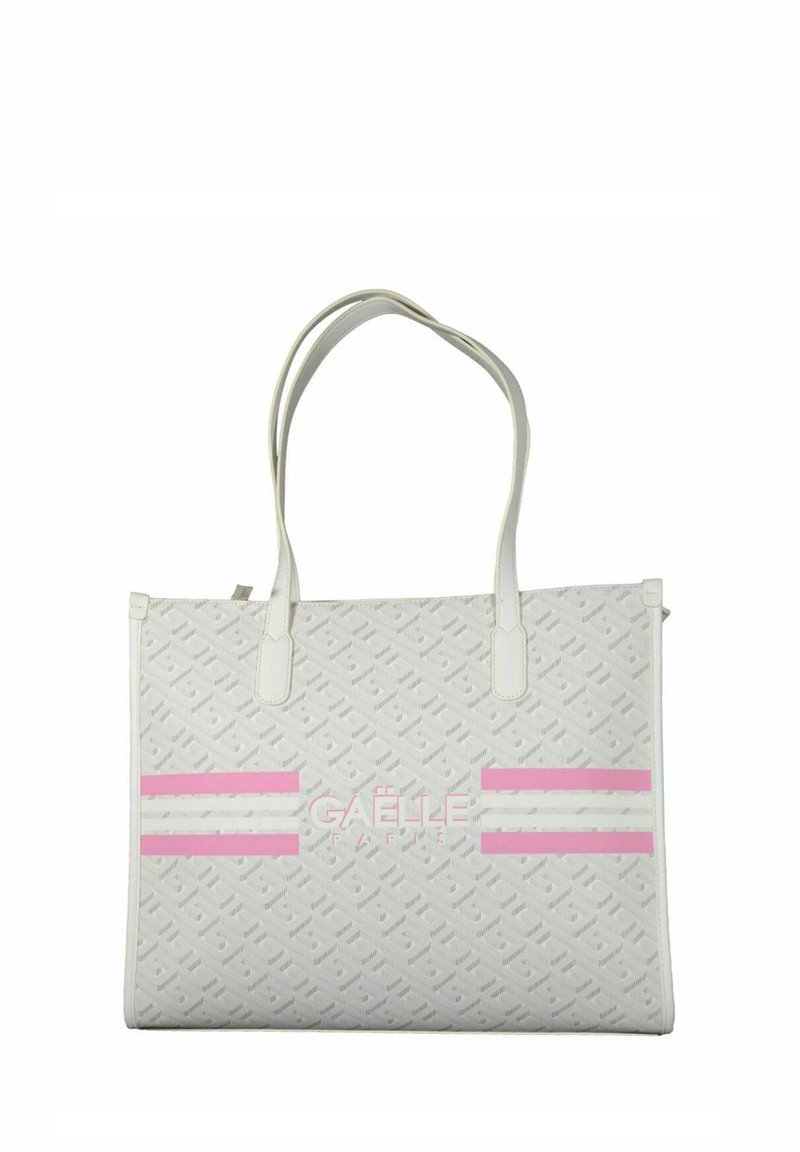 Borsa tote bianca realizzata in materiale stampato, con strisce rosa e il testo "GAËLLE PARIS" sul davanti. Include manici doppi.