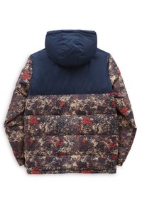 Veste matelassée avec un haut en nylon bleu et une section inférieure à motifs en marine, rouge et crème, dotée d'une capuche et d'une texture matelassée.