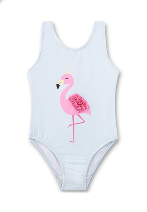 Costume intero azzurro chiaro con illustrazione di fenicottero rosa e ali di tessuto arricciato al centro davanti.