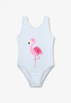 Hellblauer Einteiler mit einer rosa Flamingo-Illustration und gerüschten Stoffflügeln in der vorderen Mitte.