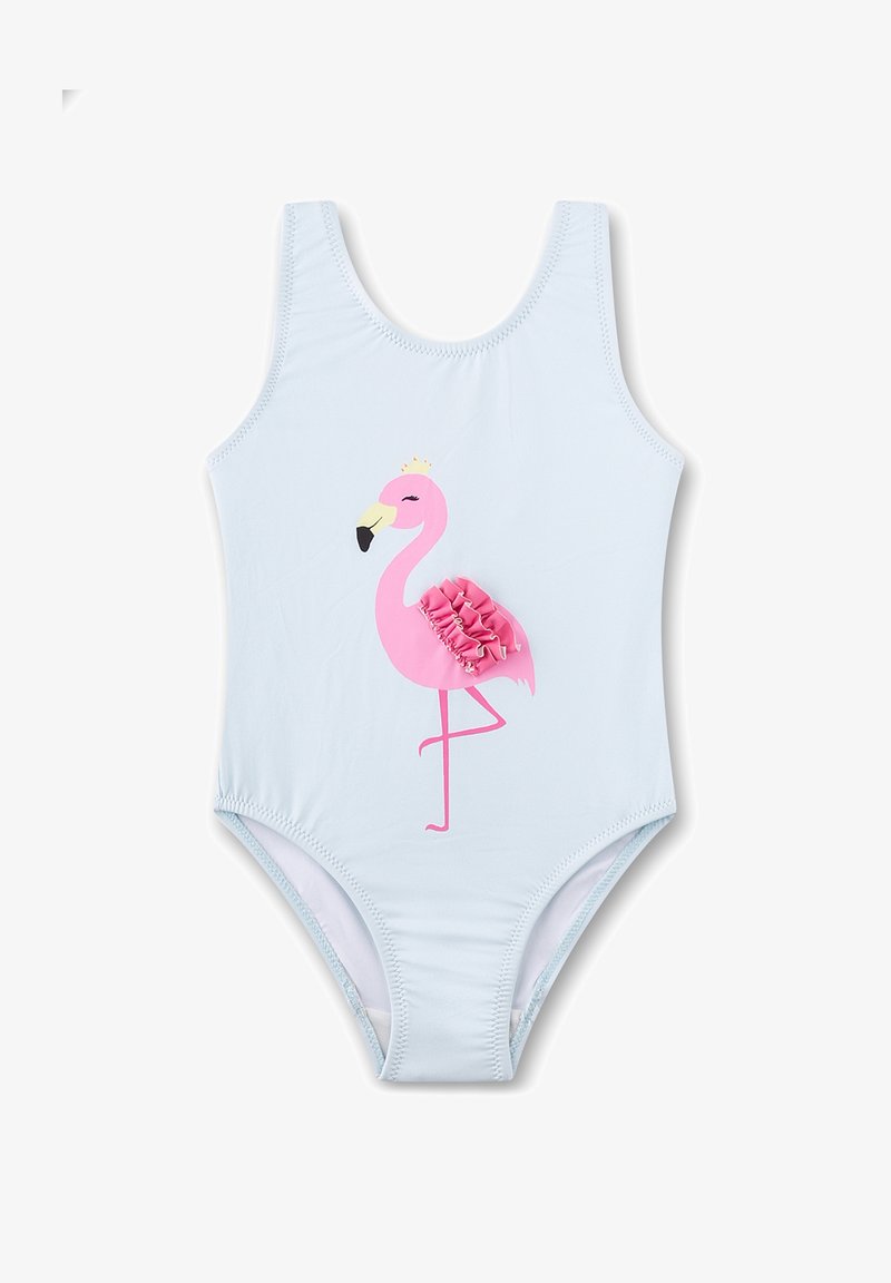 Maillot de bain une pièce bleu clair avec une illustration de flamant rose et des ailes en tissu froncées au centre devant.