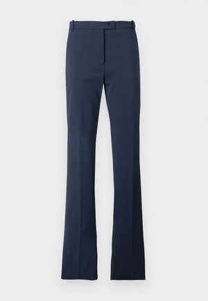 Pantaloni sartoriali blu navy con chiusura frontale con bottone e cerniera, gambe dritte e passanti per cintura.