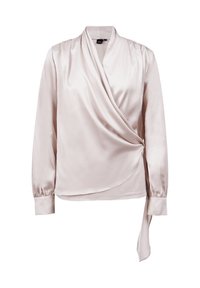 Hellrosa Satin-Wickelbluse mit langen Ärmeln, V-Ausschnitt und einer gebundenen Detail an der Taille. Glatte Textur mit sanftem Fall.