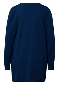 Navyblaues, übergroßes Sweatshirt, mit gerippten Bündchen und Saum, weiche Stricktextur, runder Ausschnitt, lange Ärmel, Rückansicht ohne Muster oder Verzierungen.