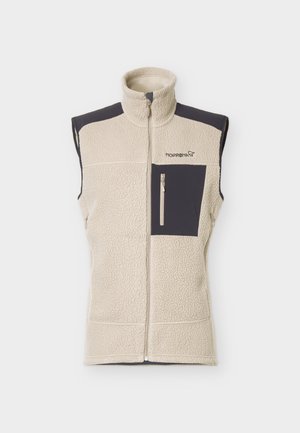 Beige sleeveless fleece vest with high collar, full front zipper, dark chest pocket with zipper, and contrasting dark shoulder panels.