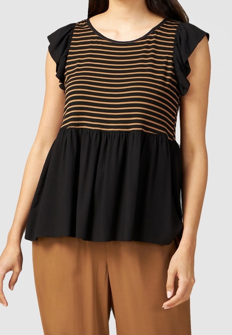 Zwart en bruin gestreepte top met korte gerimpelde mouwen, een getailleerd lijfje en een uitlopende peplumrand voor een ontspannen pasvorm.