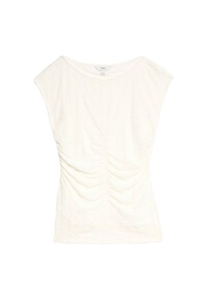 Top bianco a maniche corte con scollo rotondo, in tessuto testurizzato e dettagli arricciati sul davanti per una silhouette sagomata.